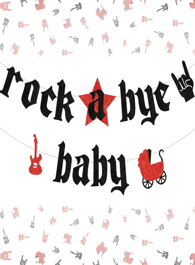 Cheereveal زينة لحفل استقبال مولود جديد بطابع موسيقى الروك، لافتة "Rock A Bye Baby" مزينة ببريق أحمر وأسود، لافتة "Born to Rock" بنوتة موسيقية لحفل استقبال مولود جديد بطابع موسيقى الروك - Image 1